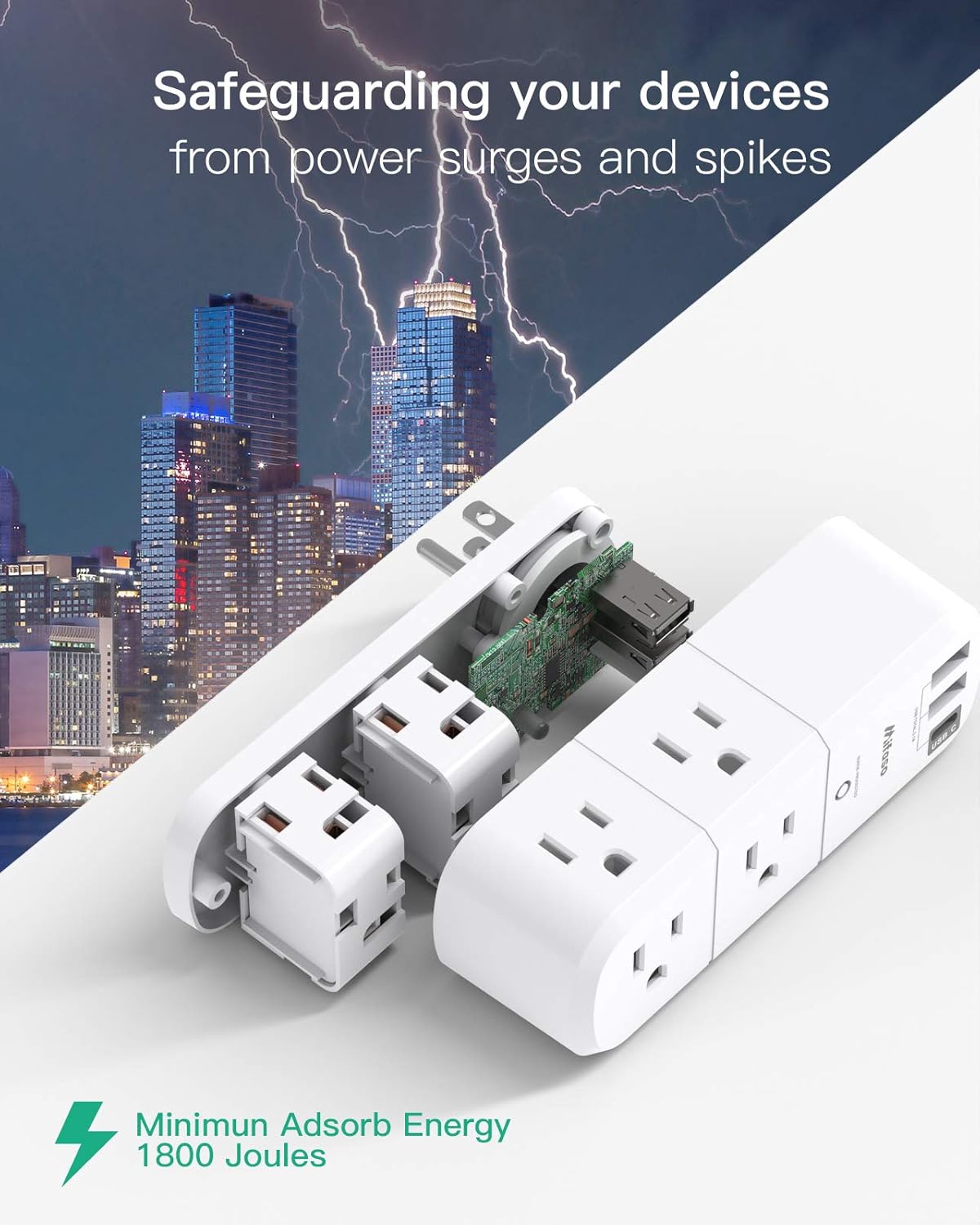 USB Outlet Extender Surge Protector - with Rotating Plug, 6 AC Multi Plug Outlet and 3 USB Ports (1 USB C), 3-Sided Swivel Power Strip with Spaced Outlet Splitter for Home, Office, Travel