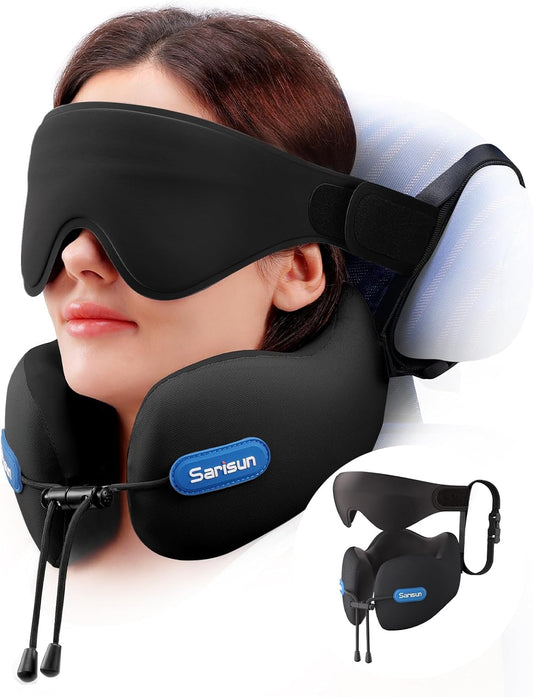 SARISUN Travel Pillow, Neck Pillow for Airplane with Strap, Combo with 3D Eye Mask for Sleep, Dual-Density Supportive Foam Neck Pillow Travel for Airplane Flights, Car Trip Travel Essentials Black
