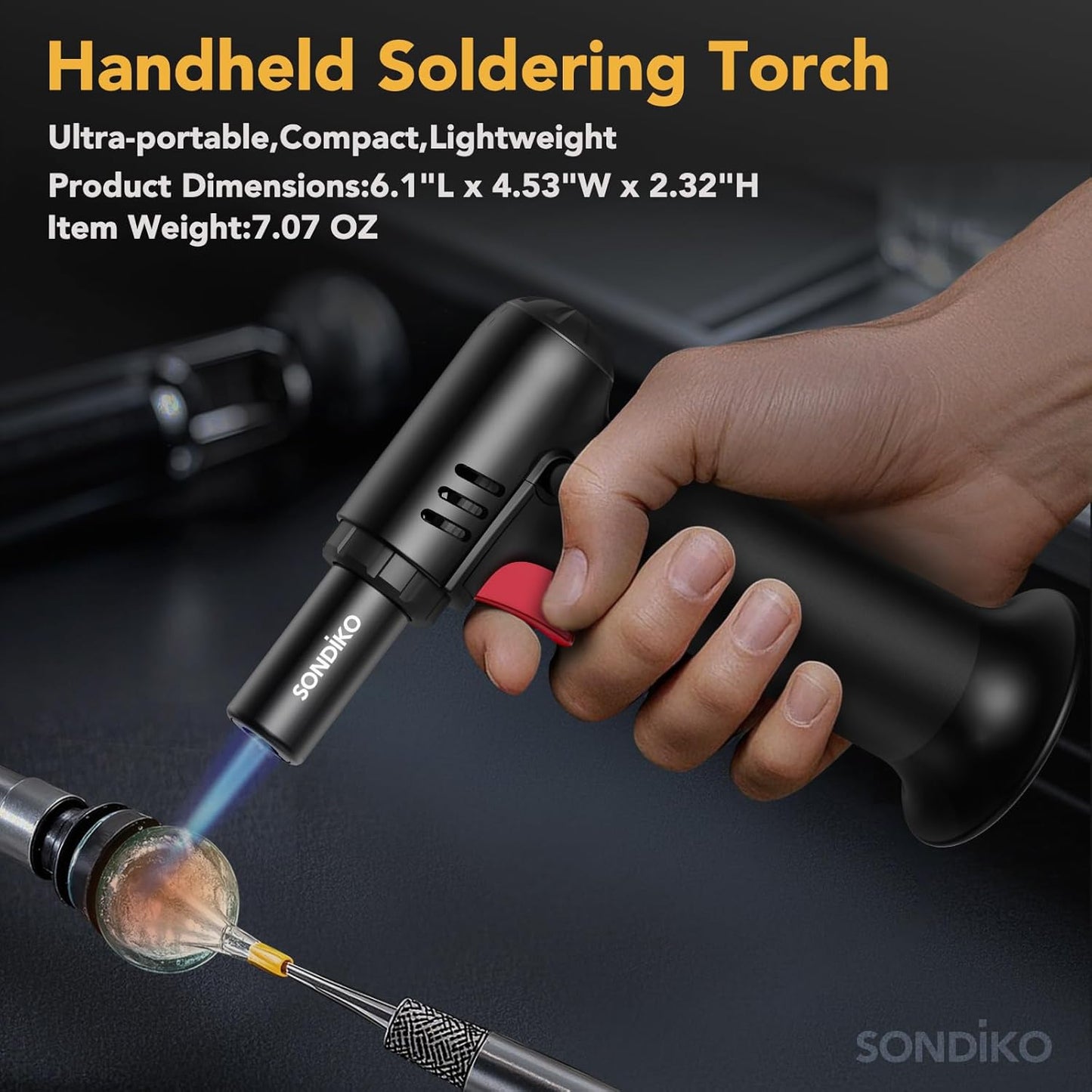 Sondiko Blow Torch with Fuel Gauge, Refillable Butane Torch Lighter with Safety Lock and Adjustable Flame, One-Handed Operation, Fit All Butane Tanks Kitchen Torch