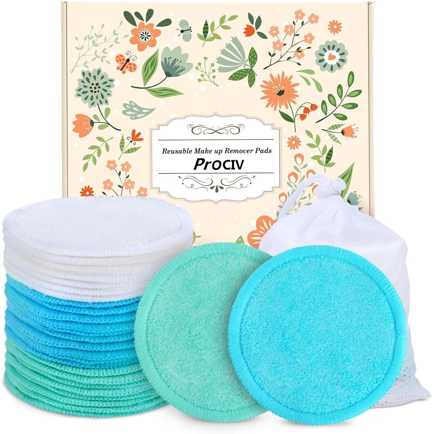 ProCIV Reusable Makeup Remover Pads - 18 Packs Bamboo Cotton Pads Cleansing Cloth Wipe With Laundry Bag, Washable Clean Skin Care Facial Toner Cotton Rounds Cleansing Towel Wipe (3.8 inch) (Multicolor)