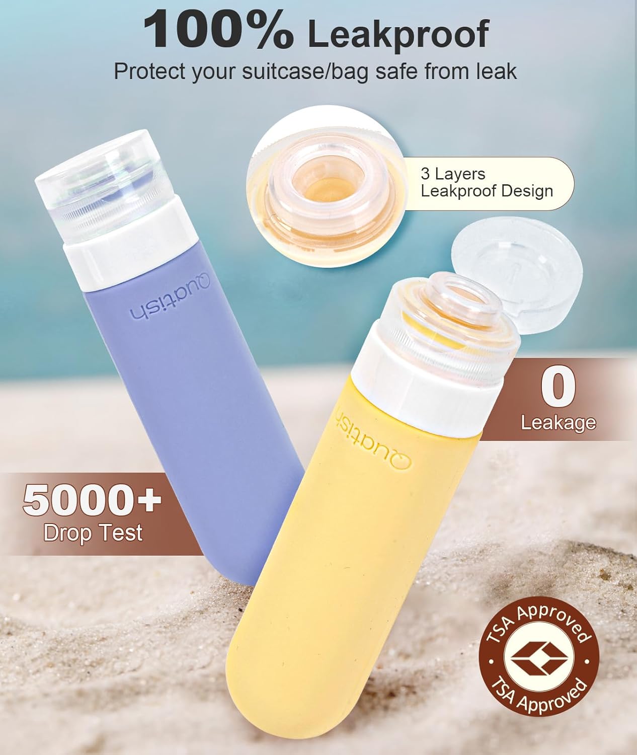Quatish Travel Size Bottles 6 Pack, Original Patented 3 oz TSA Approved Travel Containers for Toiletries, BPA Free Silicone Travel Shampoo and Conditioner Bottles Leak Proof, Travel Essentials