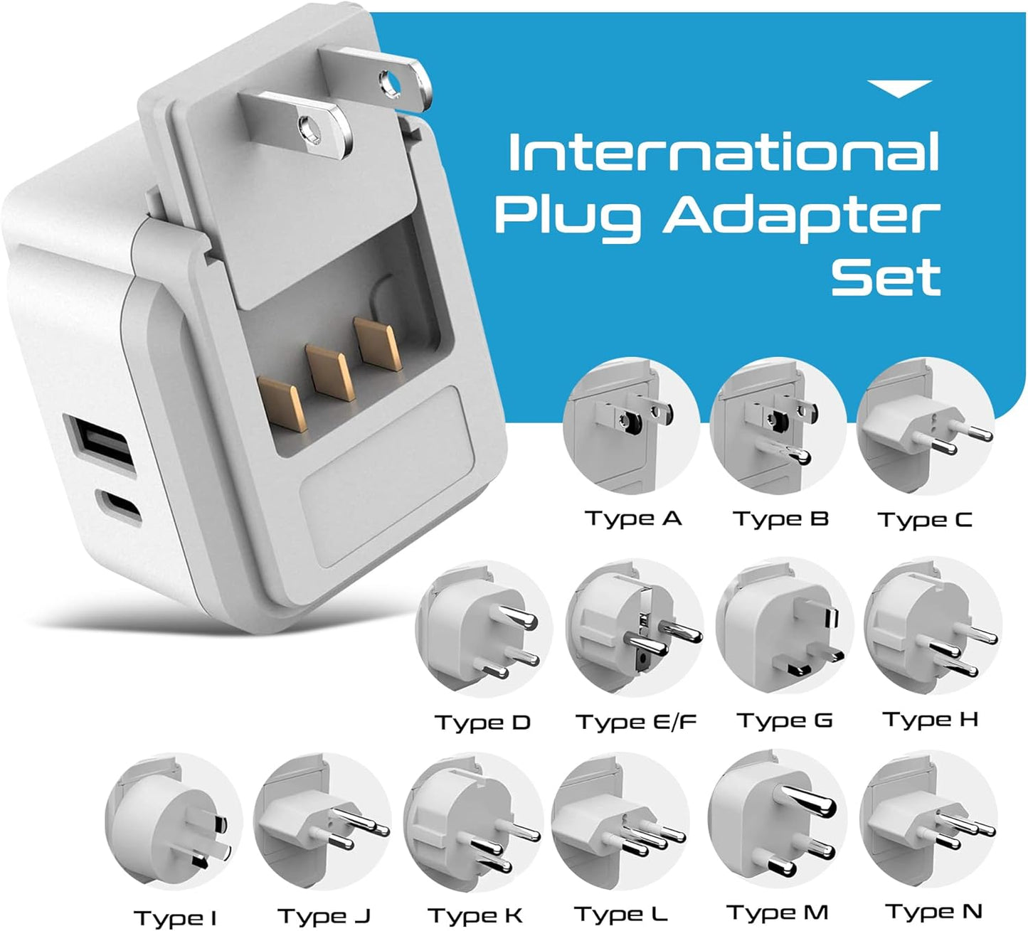 Ceptics International Travel Plug Adapter Set (Type A, B, C, D, E/F, G, H, I, J, K, L, M, N) - 4 in 1 - 2 Canadian Socket - 1 USB & 1 USB-C (3.1A) - Compact & Powerful (PAK-ALL)