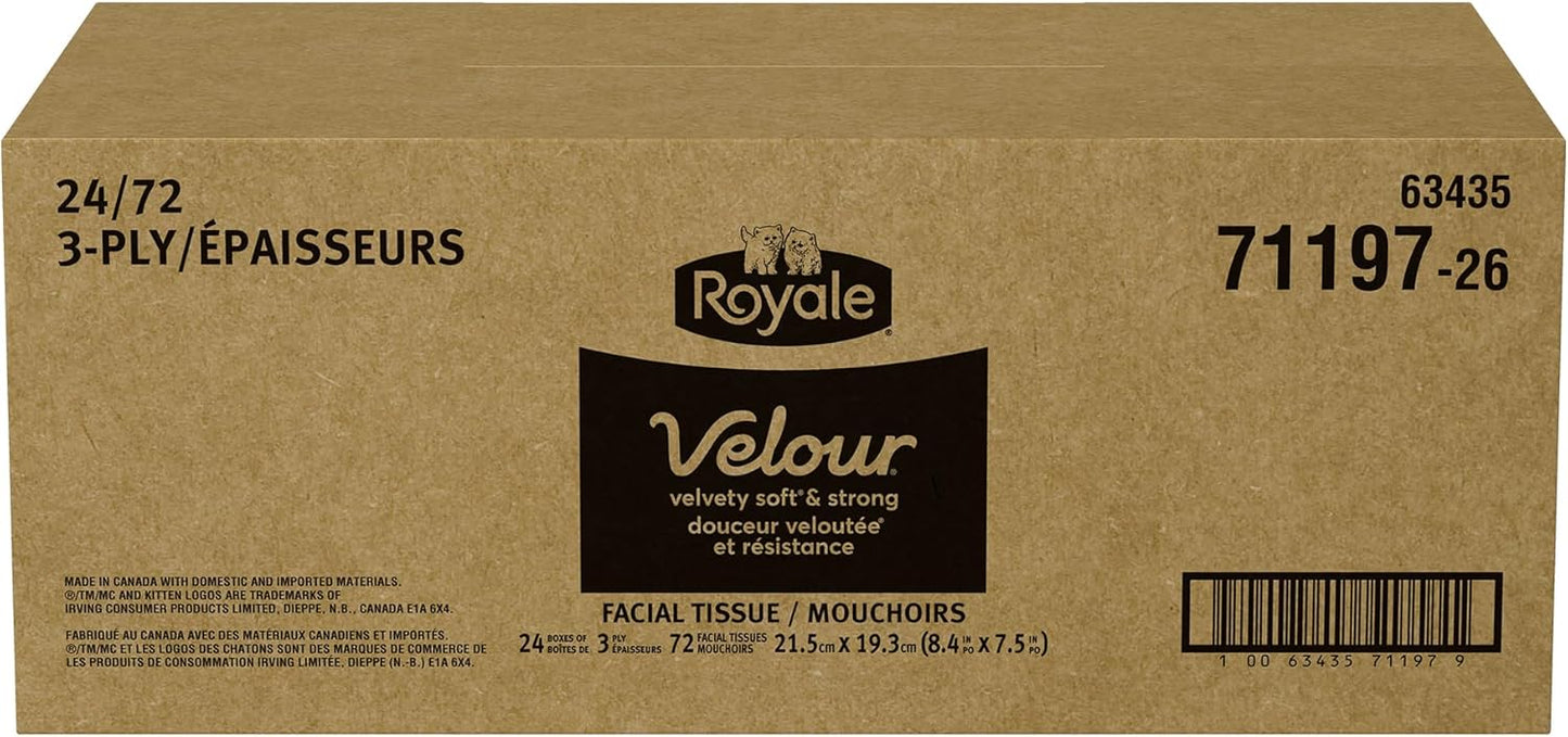 Royale Velour 3 Ply Facial Tissue, 24 Tissue Boxes, 72 Tissues per Box