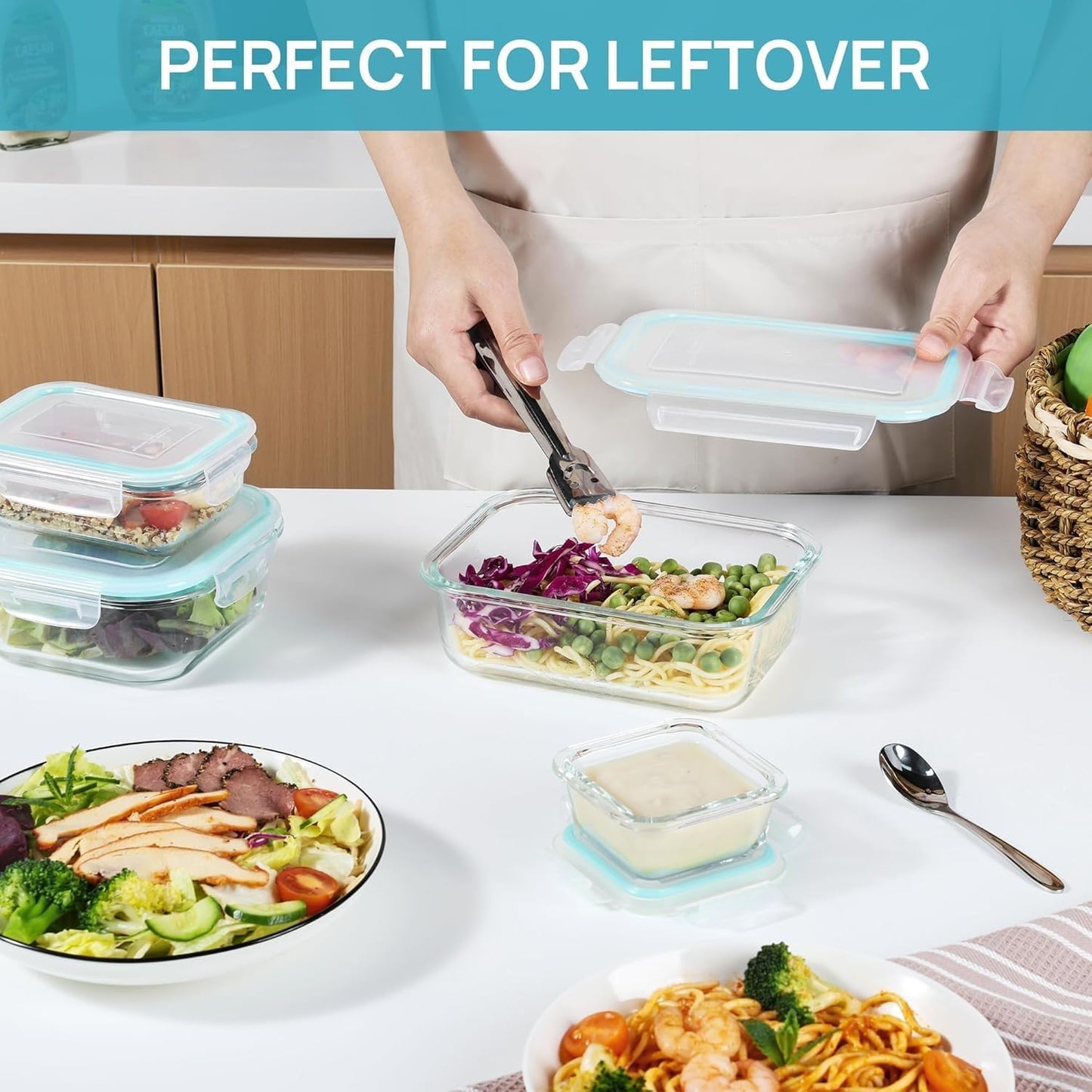 Vtopmart 8 Pack Glass Container Food Storage, Meal Prep Containers, Airtight Lunch Boxes with Leak Proof Locking Lids, for Microwave, Oven, Freezer and Dishwasher, Green