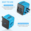 Universal International Travel Power Adapter, All in One Wall Charger with High Speed 2.4A 3xUSB, 3.0A Type-C, European Adapter, Worldwide AC Outlet Plugs for UK, EU, AU & Asia (Blue)