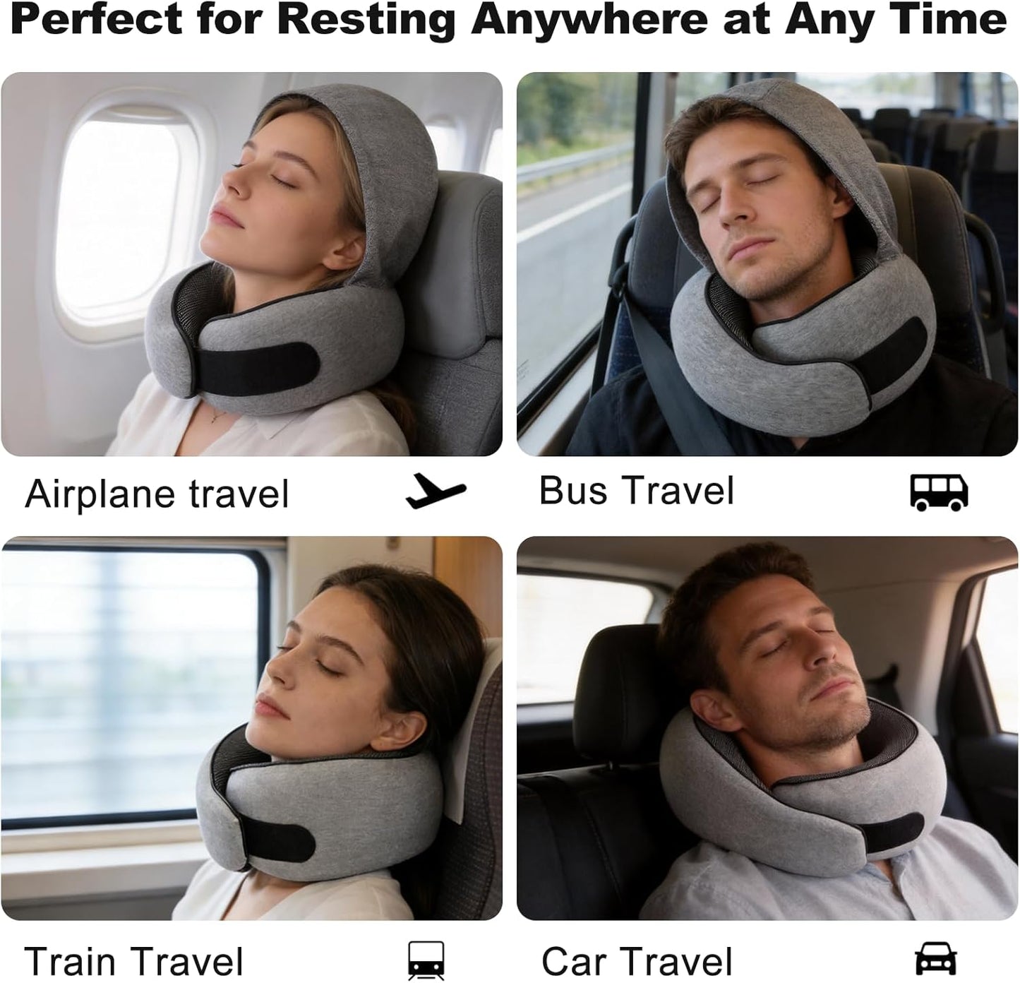 Adjustable Travel Neck Pillow with Hood - Memory Foam Support for Deep Sleep & Neck Pain Relief on Long Flights & Road Trips, Light-Block & Foldable Design for Ultimate Comfort, Grey