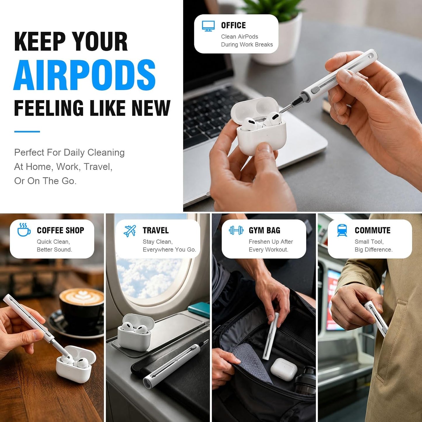 Cleaner Kit for Airpods Pro 1 2 3 Multi-Function Cleaning Pen with Soft Brush Flocking Sponge for Bluetooth Earphones Case Cleaning Tools White