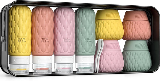 8 Pack Silicone Travel Bottles for Toiletries with Labels/Clear Bag, Holiday Travel Essentials Leakproof Squeeze Travel Size Containers Refillable Cosmetic Jars Set for Shampoo, Conditioner, Creams