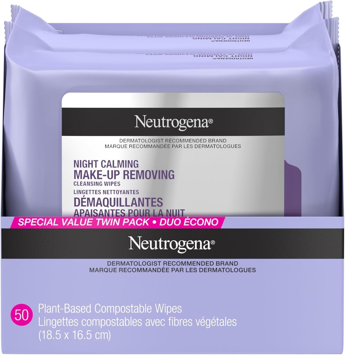 Neutrogena Night Calming Makeup Remover Face Wipes, 100% Plant-Based Cloth Hypoallergenic Nighttime Cleansing Towelettes, Remove Waterproof Makeup, Dirt & Oil, Dermatologist Tested, 50 Count (2 x 25 Count)
