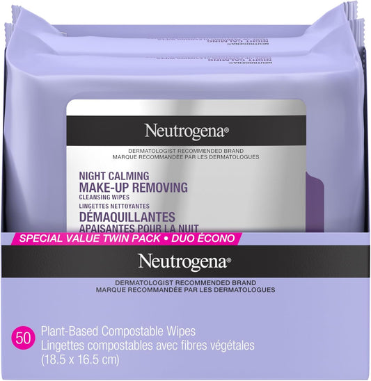 Neutrogena Night Calming Makeup Remover Face Wipes, 100% Plant-Based Cloth Hypoallergenic Nighttime Cleansing Towelettes, Remove Waterproof Makeup, Dirt & Oil, Dermatologist Tested, 50 Count (2 x 25 Count)