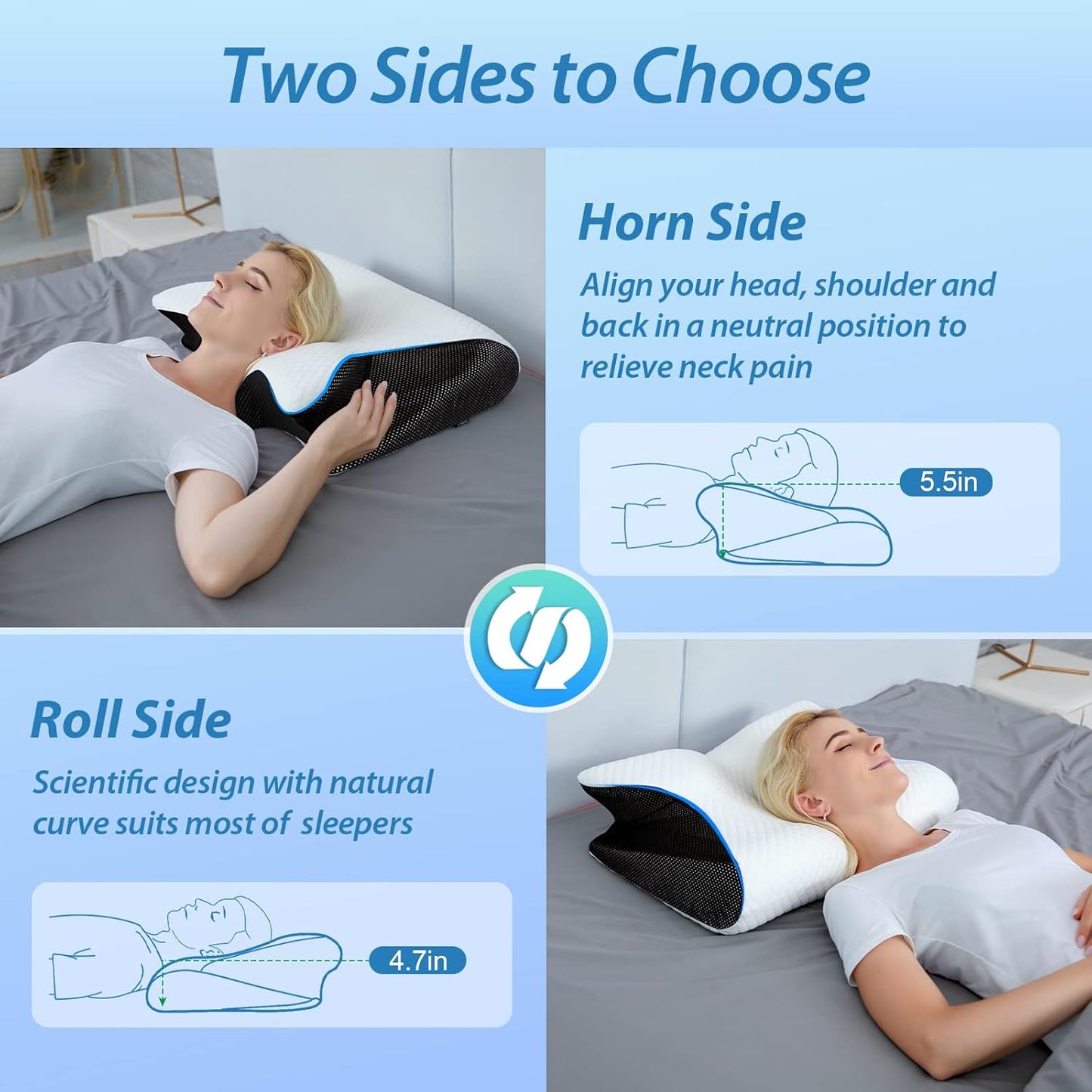 HOMCA Memory Foam Pillow, 2 in 1 Cervical Pillow for Neck Pain Relief, Ergonomic Neck Support Pillows for Side Back Stomach Sleepers with Breathable Pillowcase (Black)