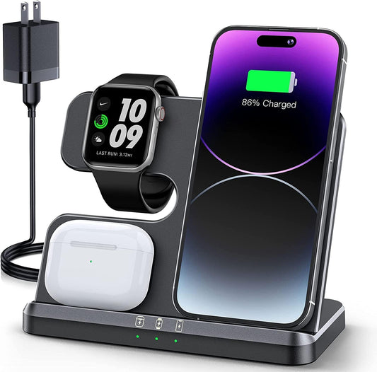 JARGOU 3 in 1 Charging Station for Apple Wireless Charger for iPhone 17 16e 16 15 14 13 12 11 X 8 & for iWatch Charger Wireless Charging Station for Multiple Devices for AirPods (A-Black)