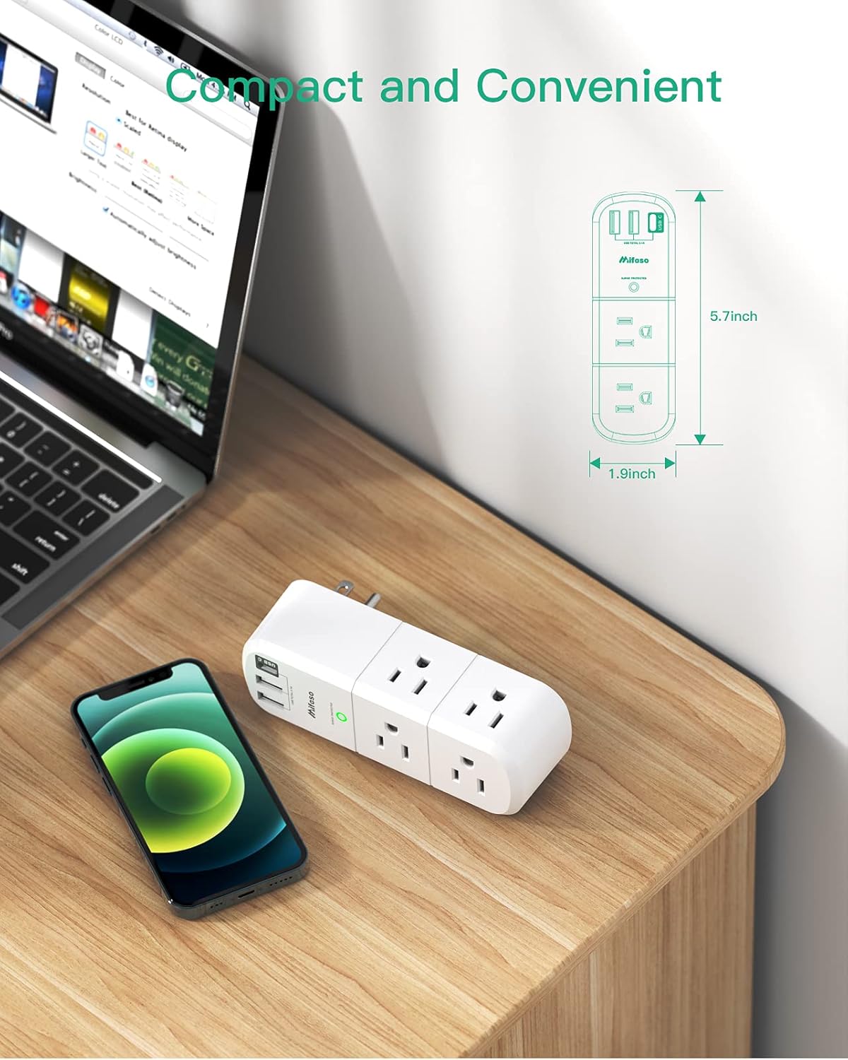USB Outlet Extender Surge Protector - with Rotating Plug, 6 AC Multi Plug Outlet and 3 USB Ports (1 USB C), 3-Sided Swivel Power Strip with Spaced Outlet Splitter for Home, Office, Travel
