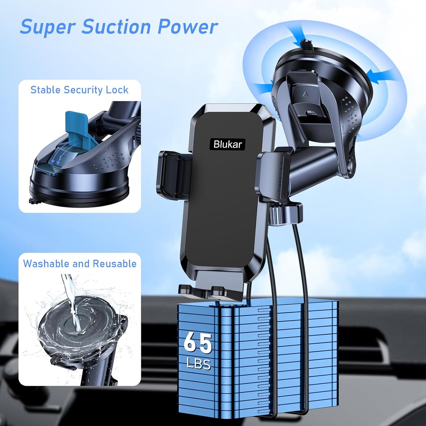 Blukar Car Phone Holder – Strong Suction, 360° Rotation, One-Hand Operation, Universal Smartphone Mount