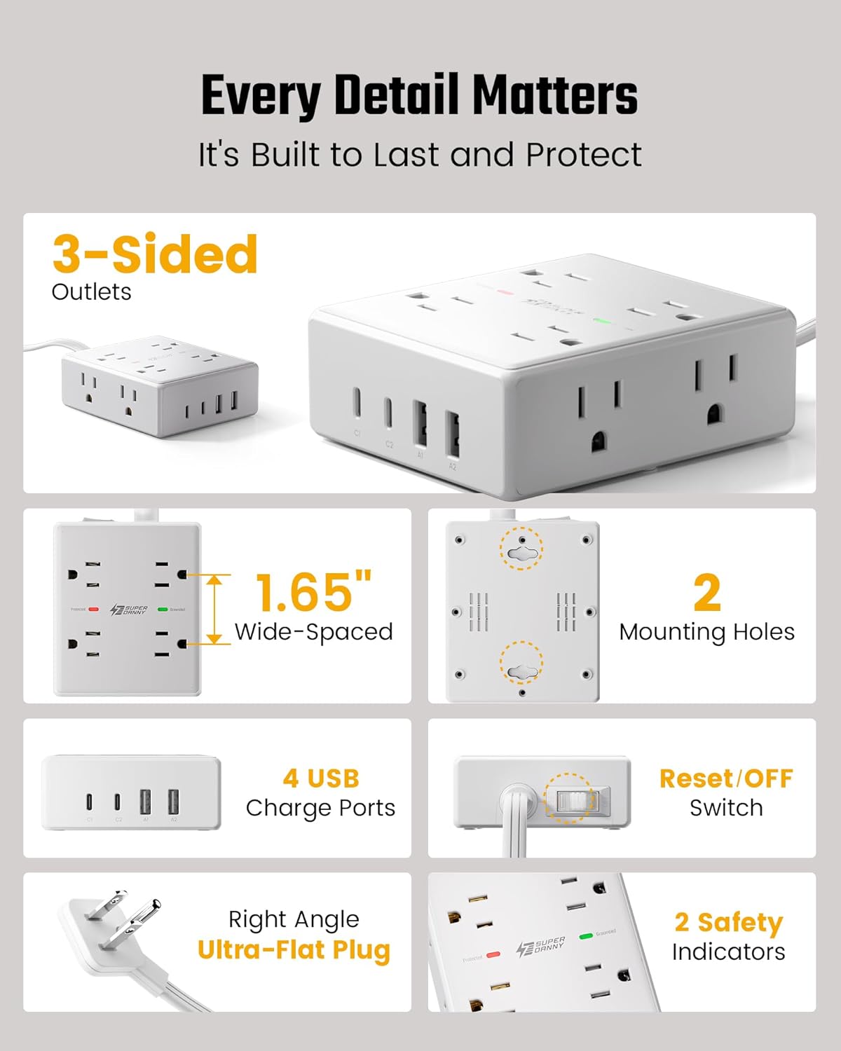 Surge Protector Power Bar, SUPERDANNY 6 Ft Extension Cord with 8 Outlets & 4USB Ports (2 USB 2 C), Mountable Flat Plug Power Strip, Surge Protection for Home, Office, Dorm