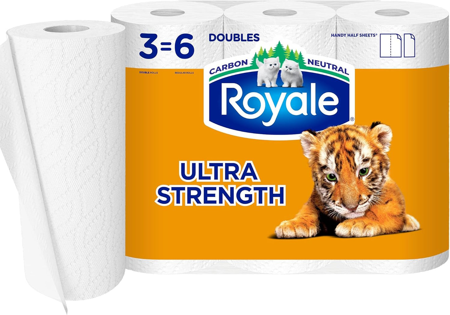 Royale Tiger Strong Paper Towel, 3 Double Equal 6 Rolls, 98 Half Sheets per Roll, White