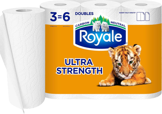 Royale Tiger Strong Paper Towel, 3 Double Equal 6 Rolls, 98 Half Sheets per Roll, White