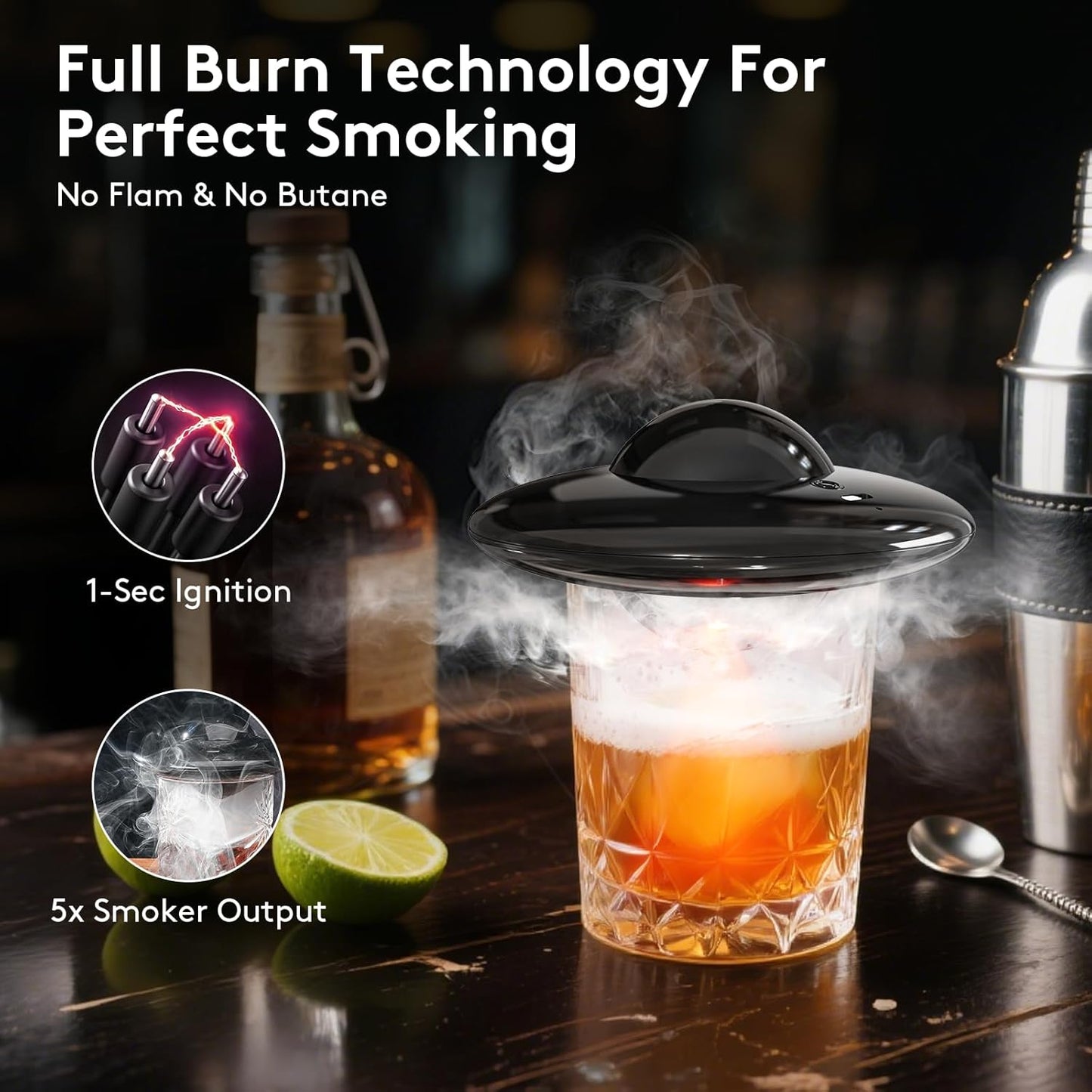 Electric Whiskey Smoker Kit with 6 Flavors Wood Chips, Cocktail Smoker Kit Built-in Lighter, Rechargeable Smoked Old Fashioned kit Bar Accessories Christmas for Men (Dark Black)