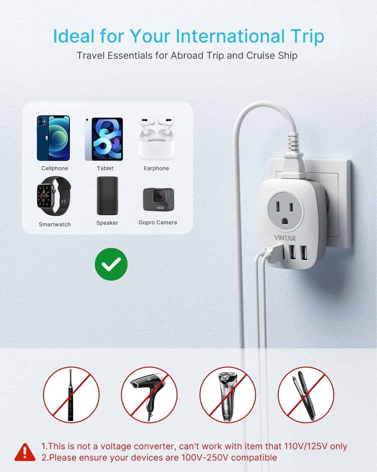 2 Pack Type E/F Travel Adapter, VINTAR Schuko Germany France Adapter Plug