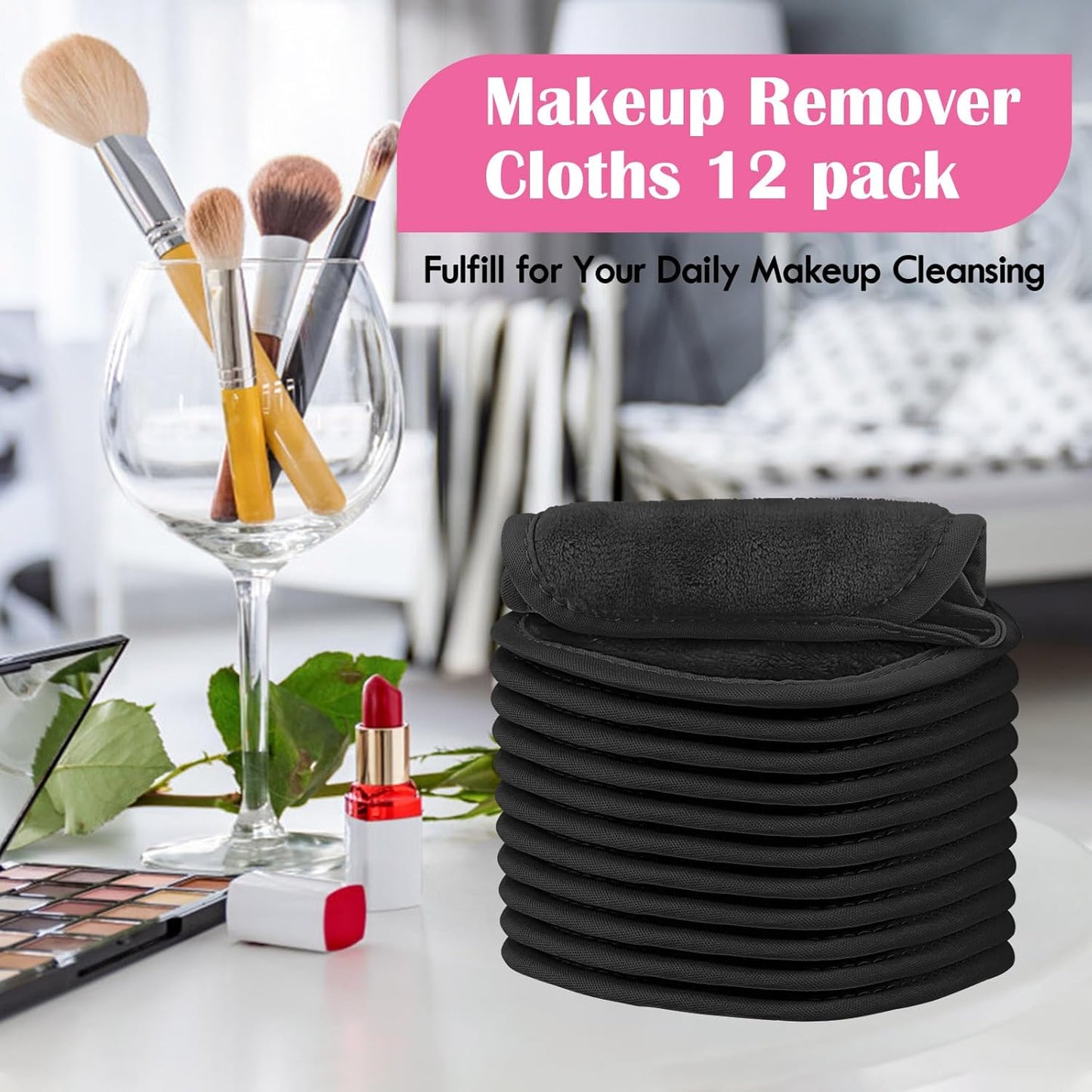 Orighty Makeup Remover Cloths 12 Pack, Makeup Removal Face Cleansing Cloth, Reusable Makeup Remover Pads Remove Instantly Dirt with Just Water, 5 x 5 in (Black)