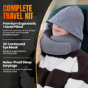 Hooded Pro Travel Pillow - Memory Foam Neck Support Pillow with Hood for Airplane, Flight - 100% Cotton Fabric, Maximum Privacy & Light-Block Design, Lightweight Full Travel Kit - Light Grey