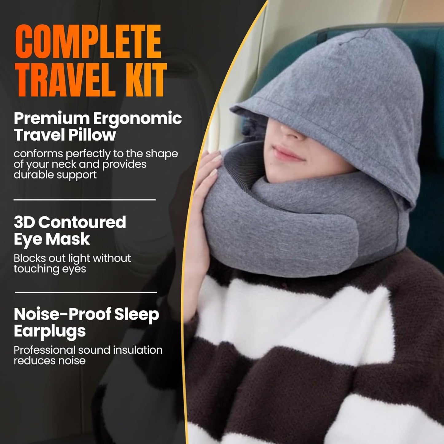 Hooded Pro Travel Pillow - Memory Foam Neck Support Pillow with Hood for Airplane, Flight - 100% Cotton Fabric, Maximum Privacy & Light-Block Design, Lightweight Full Travel Kit - Light Grey