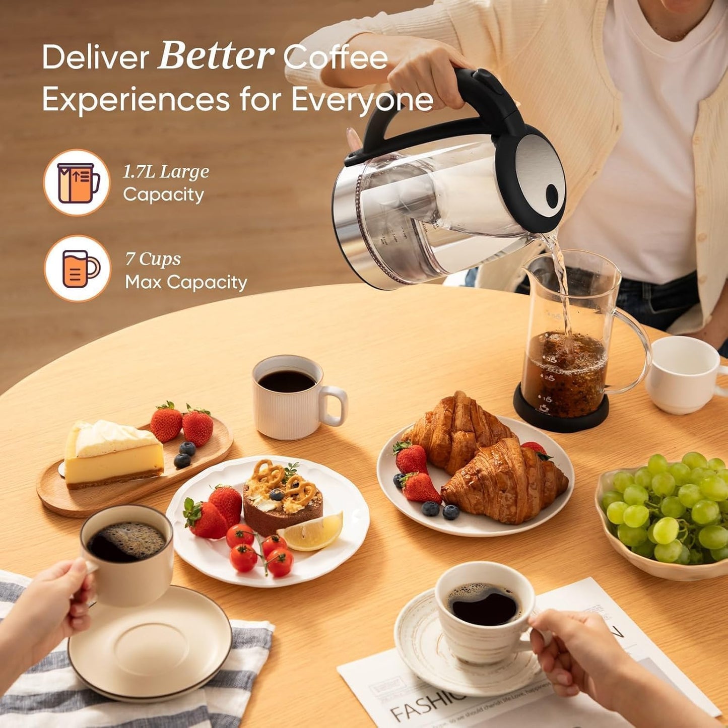 COSORI Plastic-Free Electric Kettle, Odorless Boiling 1.7L Borosilicate Glass, 1500W Cordless, Auto Shut Off - For Coffee, Tea & Hot Water, Black