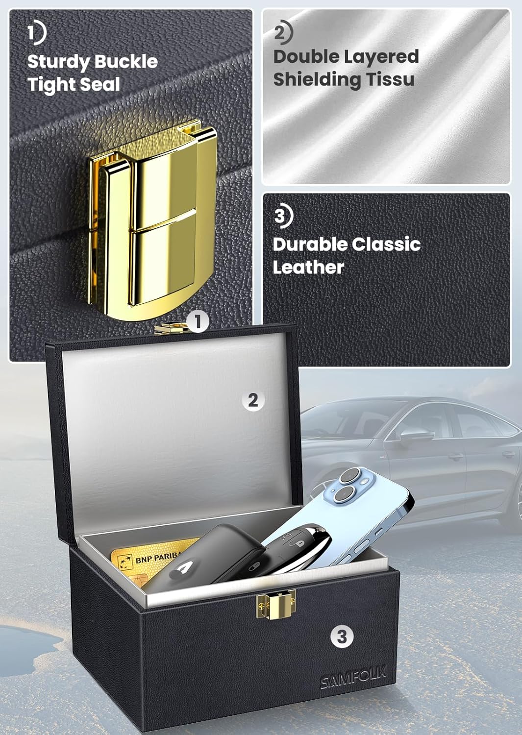 Samfolk Faraday Box with 2 Faraday Bags, Faraday Box for Car Keys, RFID Key Fob Protector Anti-Theft Key Fob Box, Anti-Theft Cages for Car Keys, Phone and Credit Card
