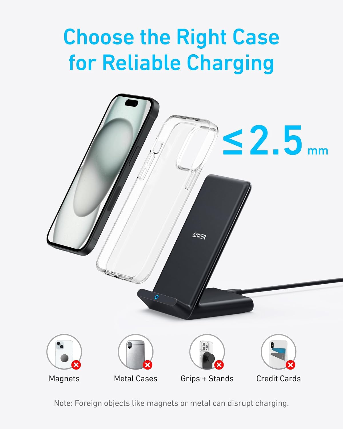 Anker 313 Wireless Charging Stand, Qi-Certified for iPhone 17/16/15/14/13, 10W Fast Charging for Galaxy S23/S22/S21 (No AC Adapter)