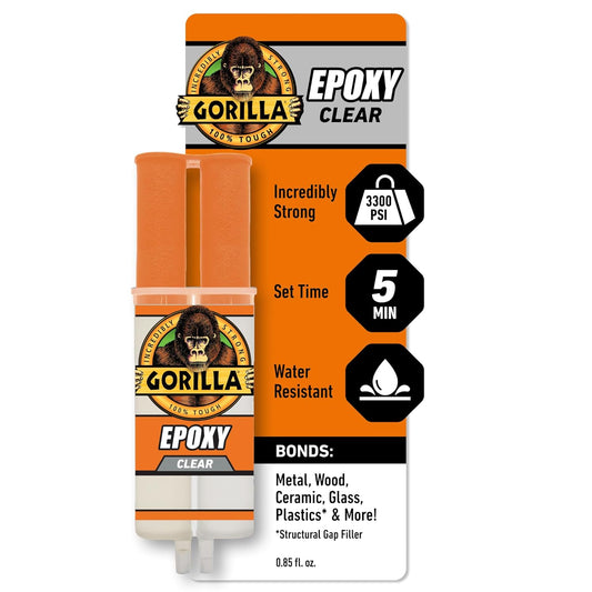 Gorilla Glue Epoxy, Dries Clear, Gap Filling, Indoor & Outdoor, Water Resistant, 5 Minute Set, Dries Clear Transparent, 0.85oz/25mL, (Pack of 1) 4200602