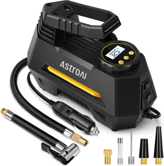 AstroAI AIRUN H Tire Inflator Portable Air Compressor Air Pump for Car Tires-Car Accessories, 9.8Ft Cord-12V DC-Powered Auto Pump with Digital Pressure Gauge, LED Light for Bicycle, Balloons, Yellow