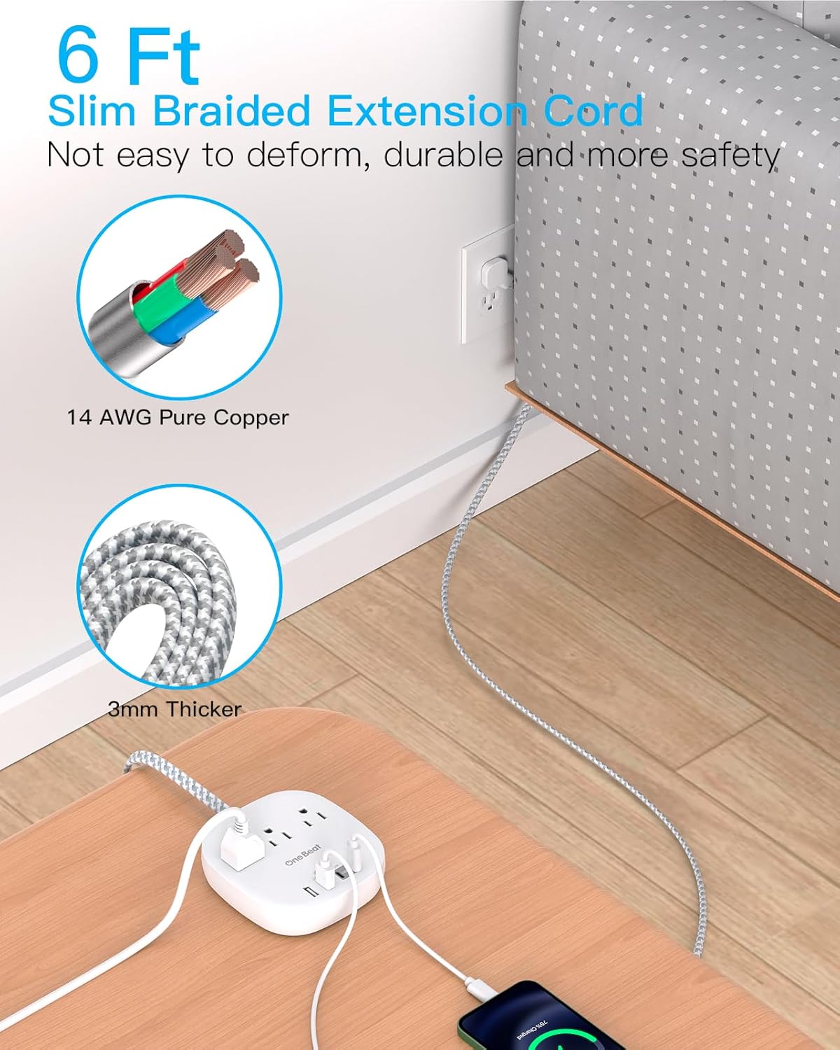 One Beat Flat Plug Power Bar with USB C, 6FT Ultra-Thin Extension Cord, 3 Outlet with 4 USB Ports (2 USB C) Desktop Charging Station, No Surge Protection for Cruise Ship, Travel Essentials, Dorm Room