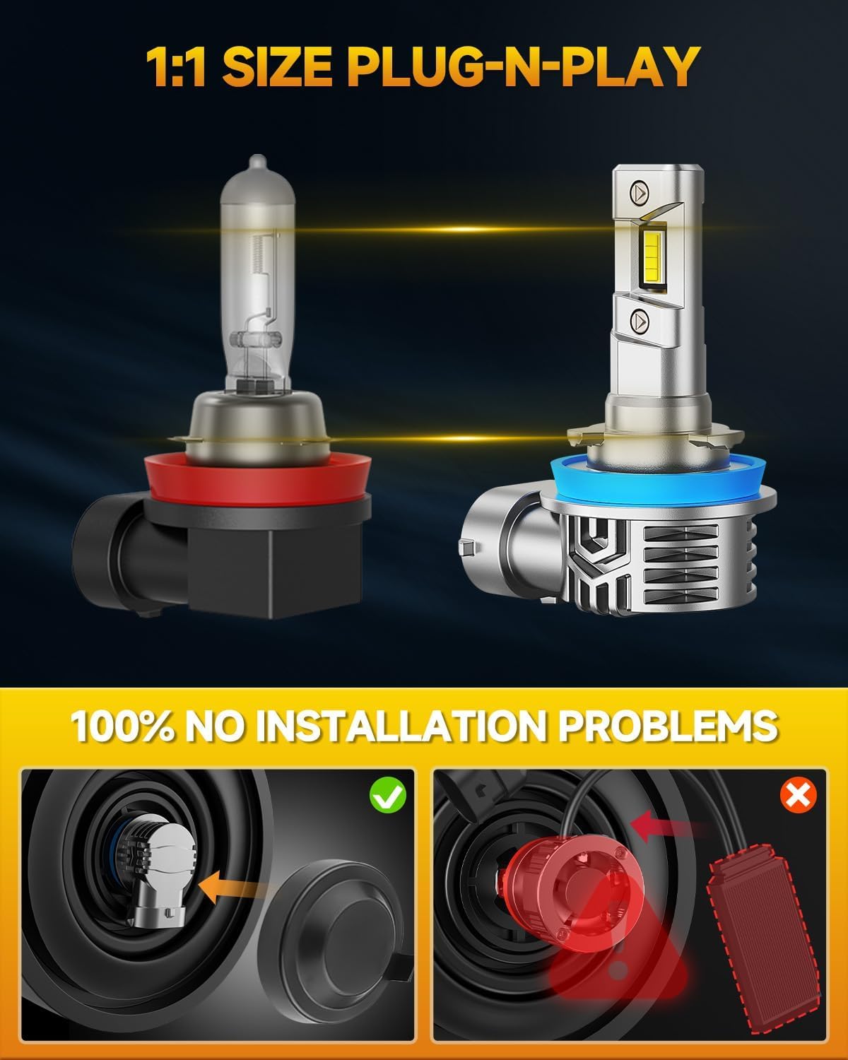 FAHREN 2026 H11 H9 H8 LED Headlight Bulbs, 1000% Super Brightness H11 LED Bulbs, 1:1 Mini Size Plug and Play, 6500K Cool White Halogen Replacement, Pack of 2