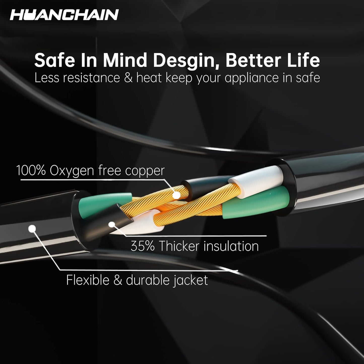 HUANCHAIN Indoor Outdoor Black Extension Cord 25 ft Waterproof, 16/3 Gauge Flexible Cold-Resistant Appliance Cable Outside, 13A 1625W 16AWG SJTW, 3 Prong Electric Cord, ETL