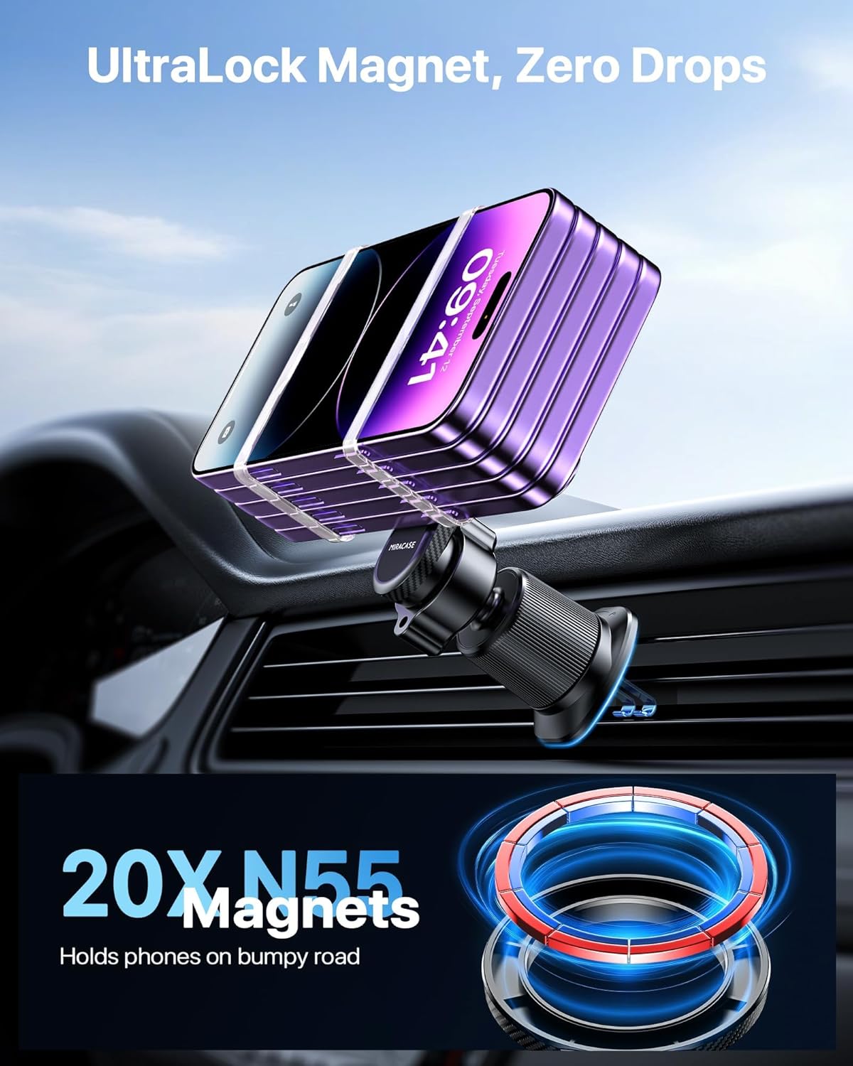 Miracase for MagSafe Car Mount【Won’t Block Vent &20 Strongest Magnets】 Magnetic Phone Holder for Car Phone Holder Mount Dash for Car Accessories for Women Men for iPhone 17 Pro Max Air 16 15 14 13 12