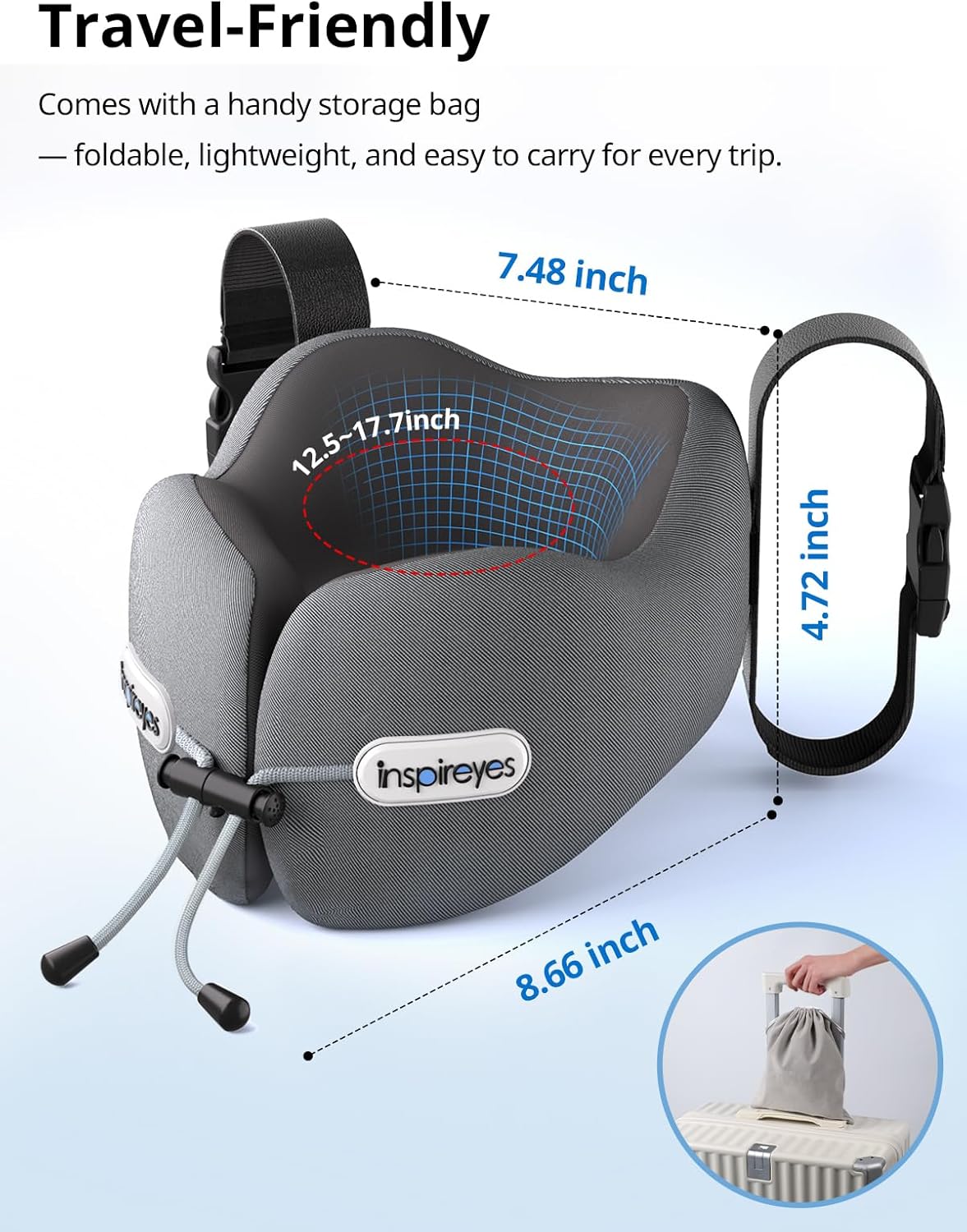 Inspireyes Neck Pillow, Travel Pillow with Seat Strap, 3D Sleep Mask, Dual Support Neck and Head, High Supportive Foam Airplane Pillow for Long Flight Road Trip, Stop Bobblehead Travel Essential, Grey