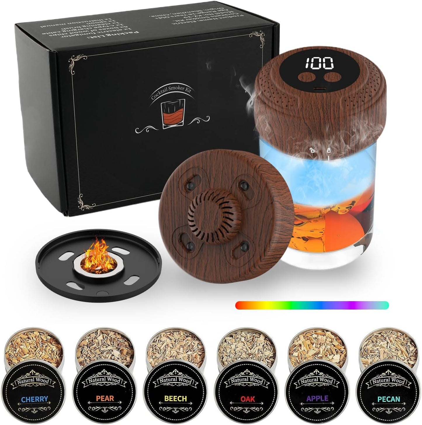 Electric Whiskey Smoker Kit - Built-in Lighter, 6 Lighting Colors, Rechargeable Cocktail Smokers Kit with 6 Wood Chips, Old Fashioned Drink Smoker Kit, Birthday Gifts for Men, Dad (No Butane)