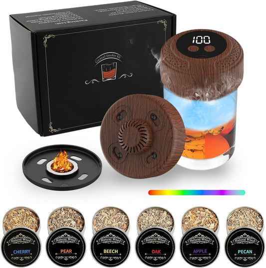 Electric Whiskey Smoker Kit - Built-in Lighter, 6 Lighting Colors, Rechargeable Cocktail Smokers Kit with 6 Wood Chips, Old Fashioned Drink Smoker Kit, Birthday Gifts for Men, Dad (No Butane)