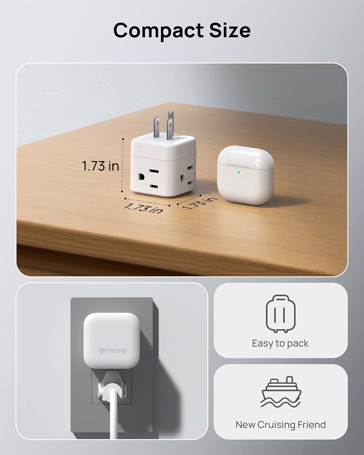 TROND Multi Plug Outlet Extender, 360° Rotating Plug Wall Adapter, 3 Way Outlet Splitter, 3-Sided Small Power Expander for Home Office Dorm Room, No Surge Protector for Cruise Travel Essentials, 1875W