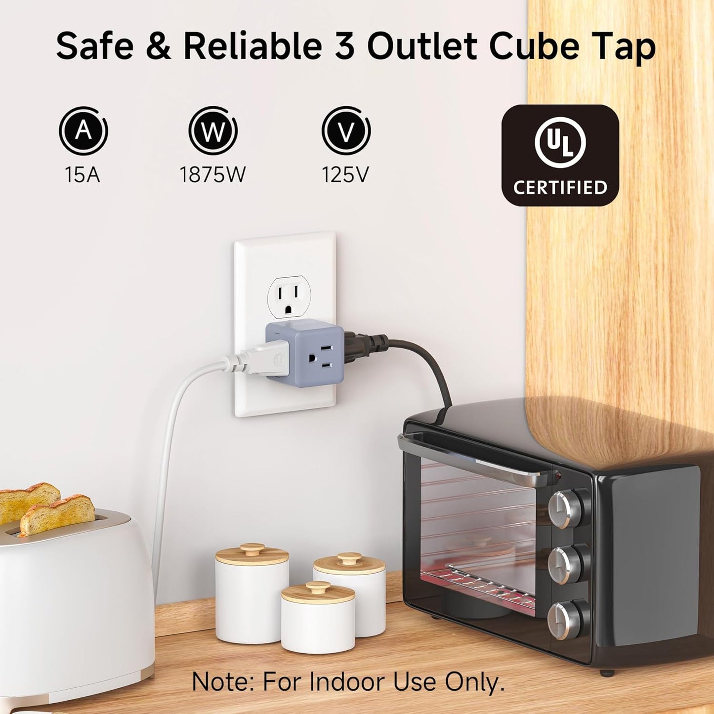 Cable Matters [cUL Listed] 3-Pack 3 Outlet Wall Adapter (3 Outlet Power Cube Tap, Outlet Splitter, Multi Plug Outlet, 3 Way Plug Adapter) in Gray