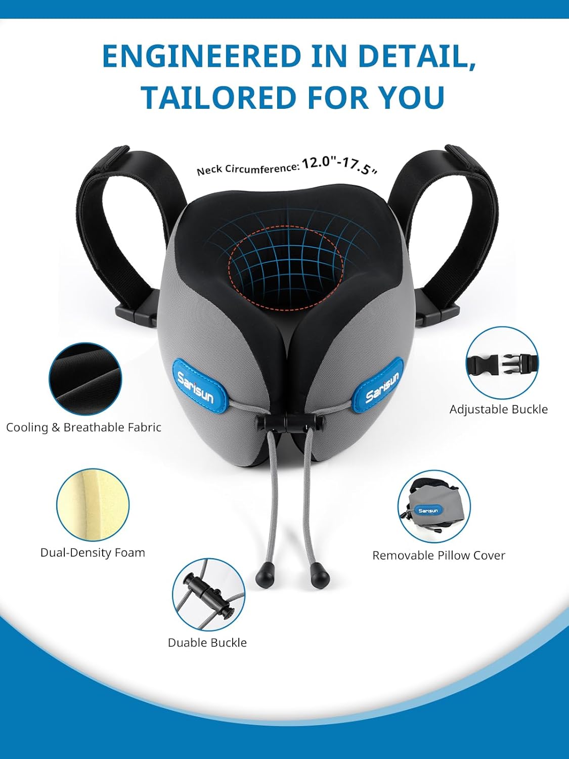 SARISUN Travel Pillow, Neck Pillow for Airplane with Strap, Combo with 3D Eye Mask for Sleep, Dual-Density Supportive Foam Neck Pillow Travel for Airplane Flights, Car Trip Travel Essentials Black