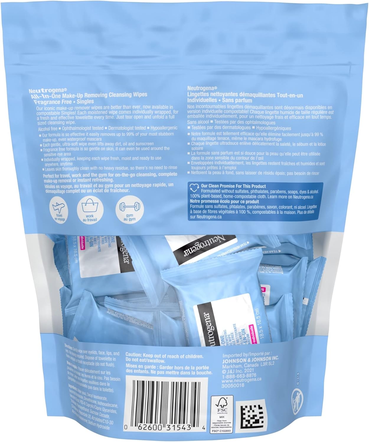 Neutrogena All-in-One Makeup Removing Cleansing Wipes, Waterproof Mascara Removal, Fragrance Free, Travel Pack, 20 Count
