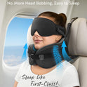 YFONG Travel Pillow for Long Flight Airplane, Head Strap Combo with 3D Contoured Sleep Eye Mask, Neck Pillow for Travel Essential, 360° Support Memory Foam Headrest, Prevent Bobbing, Drawstrap - Black