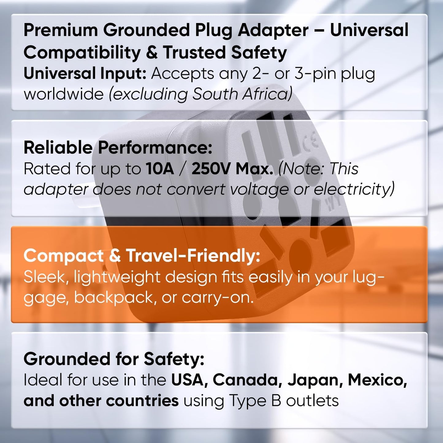 Unidapt US Canada Travel Plug Adapter EU/UK/AU/in/CN/JP/Asia/Italy/Brazil to USA Type B, Unidapt Grounded USA Canada Wall Plug, EU to US Travel Adaptor and Converter, Power Outlet Wall Charger (1)