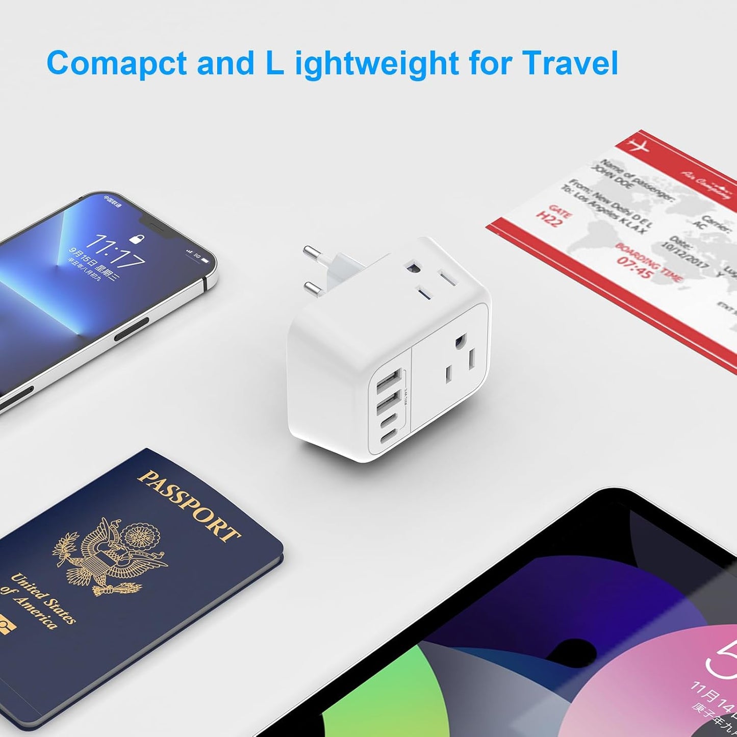 VYLEE Travel Plug Adapter, International Plug Adapter with 4 AC Outlets 4 USB Ports(2 USB C), Travel Adapter Type C Travel Essentials for US to Most Europe France Germany Italy Spain [1 Pack]
