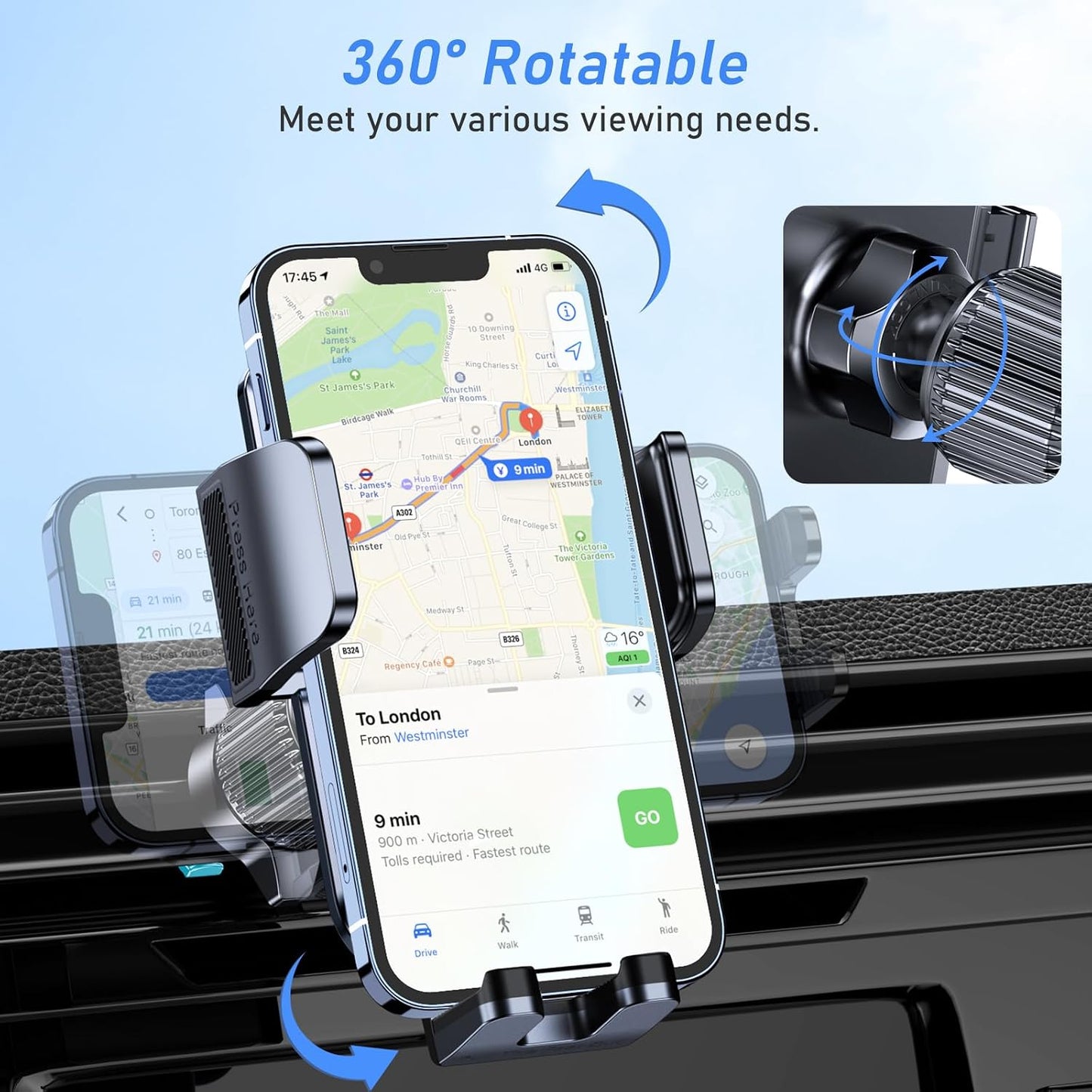 Blukar Phone Holder Car, Air Vent Car Phone Mount with Upgraded Ultra Stable Hook Clip, 360° Rotation, One Button Release Cellphone Holder for iPhone, Google, Galaxy and All Mobile Phones