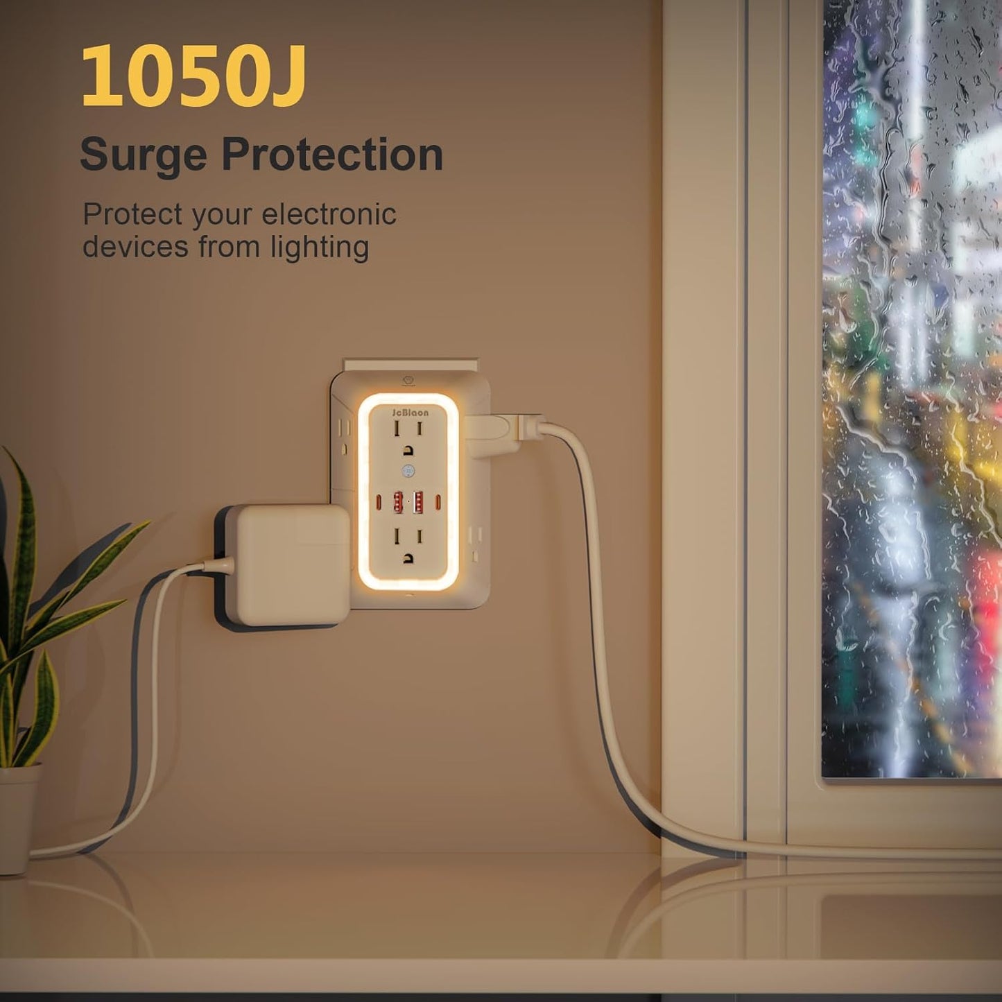 Wall Outlet Extender with Night Light, Power Plug Adapter 6 Outlet Extender with 4 USB Charging Ports 1050J Power Strip Multi Plug Adapter Spaced for Home Travel Office (2A2C)