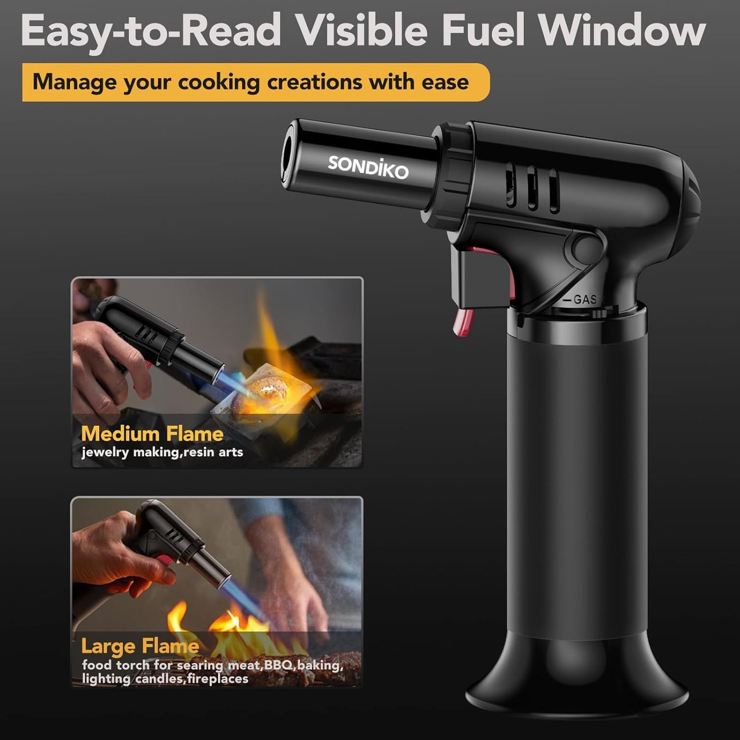 Sondiko Blow Torch with Fuel Gauge, Refillable Butane Torch Lighter with Safety Lock and Adjustable Flame, One-Handed Operation, Fit All Butane Tanks Kitchen Torch