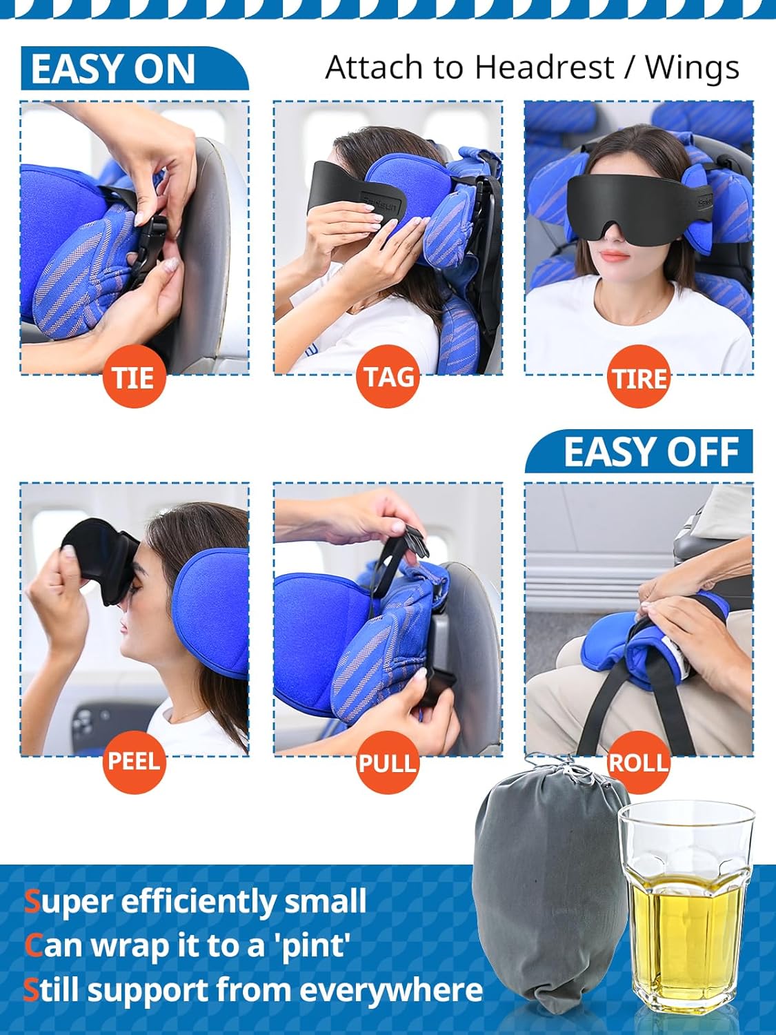 SARISUN Travel Pillow, Neck Pillow with Eye Mask, Airplane Pillow for Long Flight Sleeping Travel, Kids Travel Pillow for Car, Road Trip Car Headrest, Stop Bobblehead, Neck Pain Relief, Black