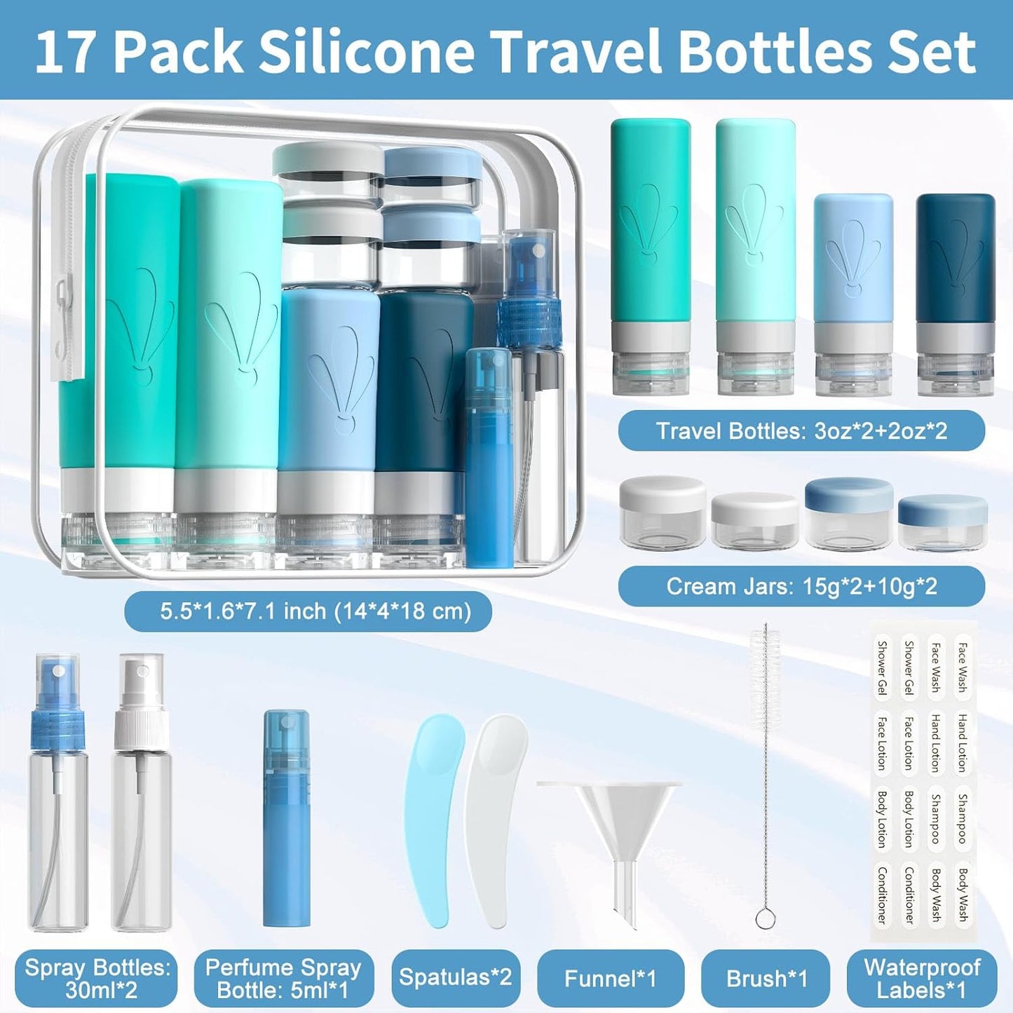 INSFIT 17 Pack Travel Bottles for Toiletries, TSA Approved 90ml 60ml Travel Size Toiletries, BPA Free Leak Proof Squeezable Silicone Tubes Travel Essentials for Shampoo Conditioner Lotion Soap